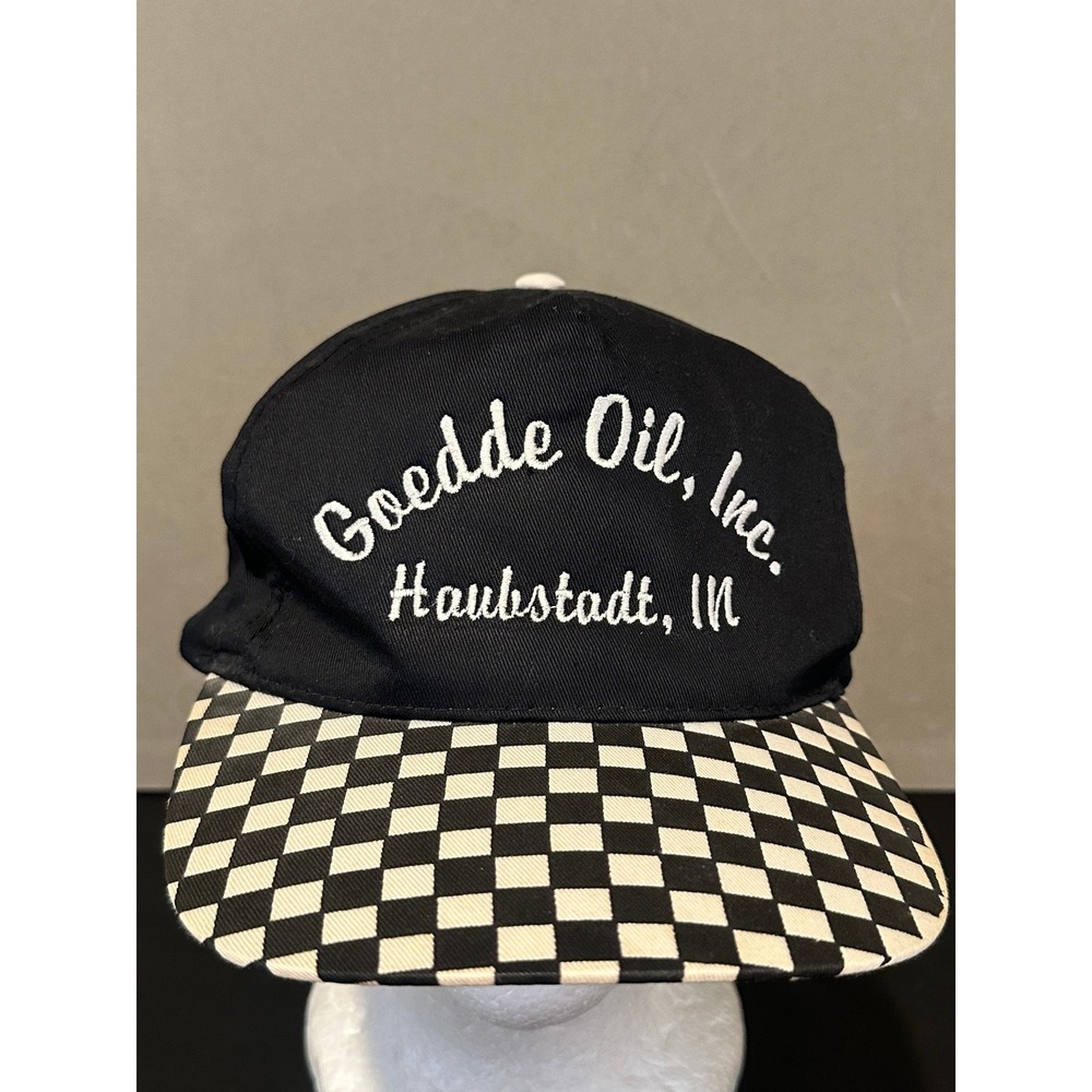 Vintage Cobra Goedde Oil Haubstadt IN Snapback Hat Checkered Brim‎ Black White